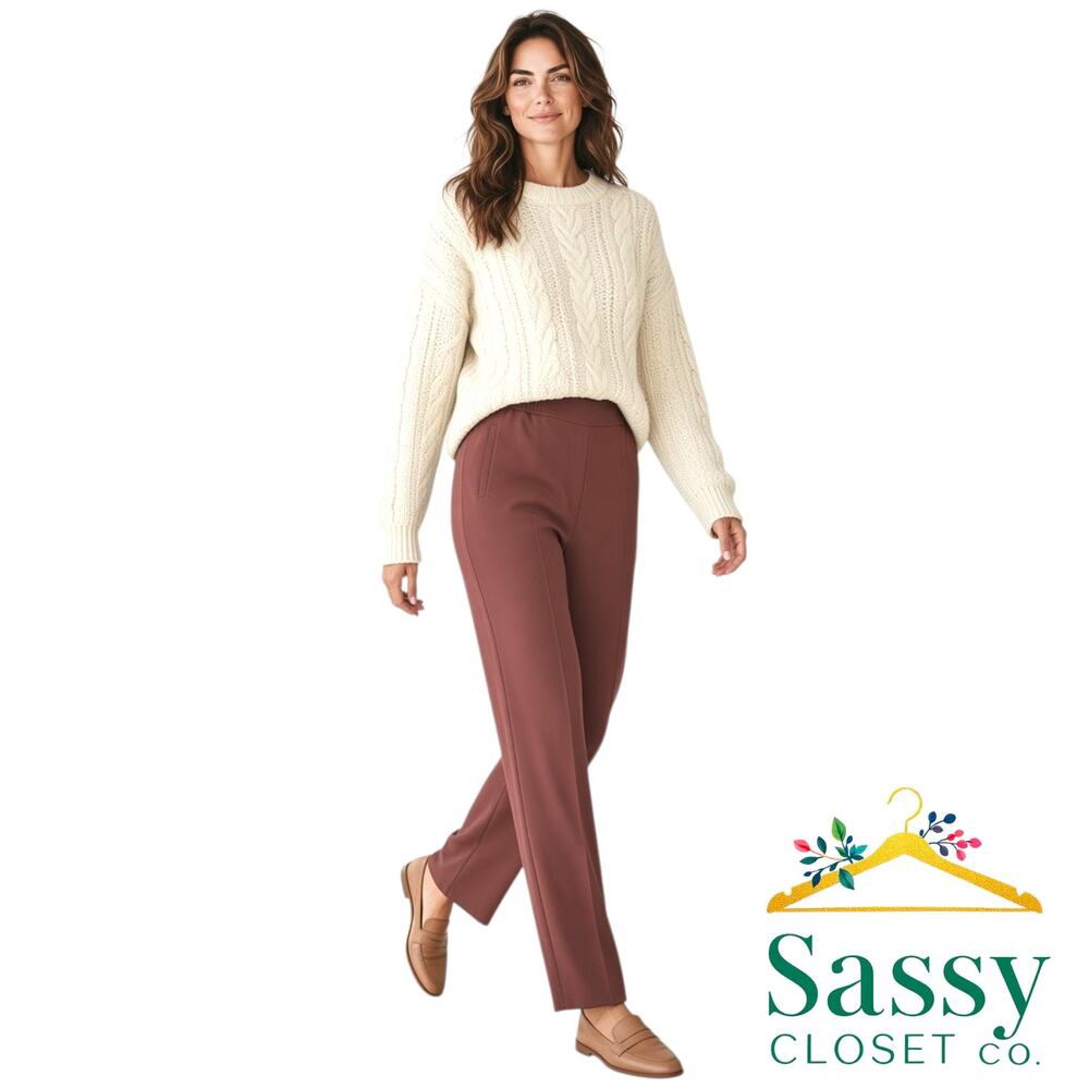 Nordstrom Brown High Rise Pull On Straight Leg Trousers L Crepe Slacks